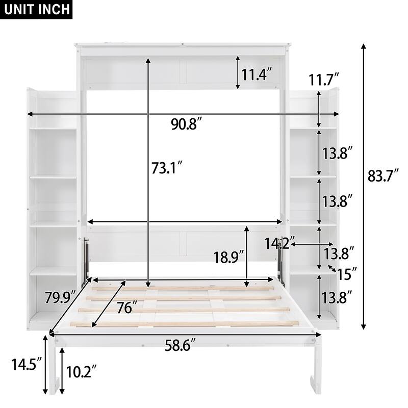 GDFStudio - Carter Full Size Murphy Wall Bed with Shelves, LED Light, and Fold-Away Design