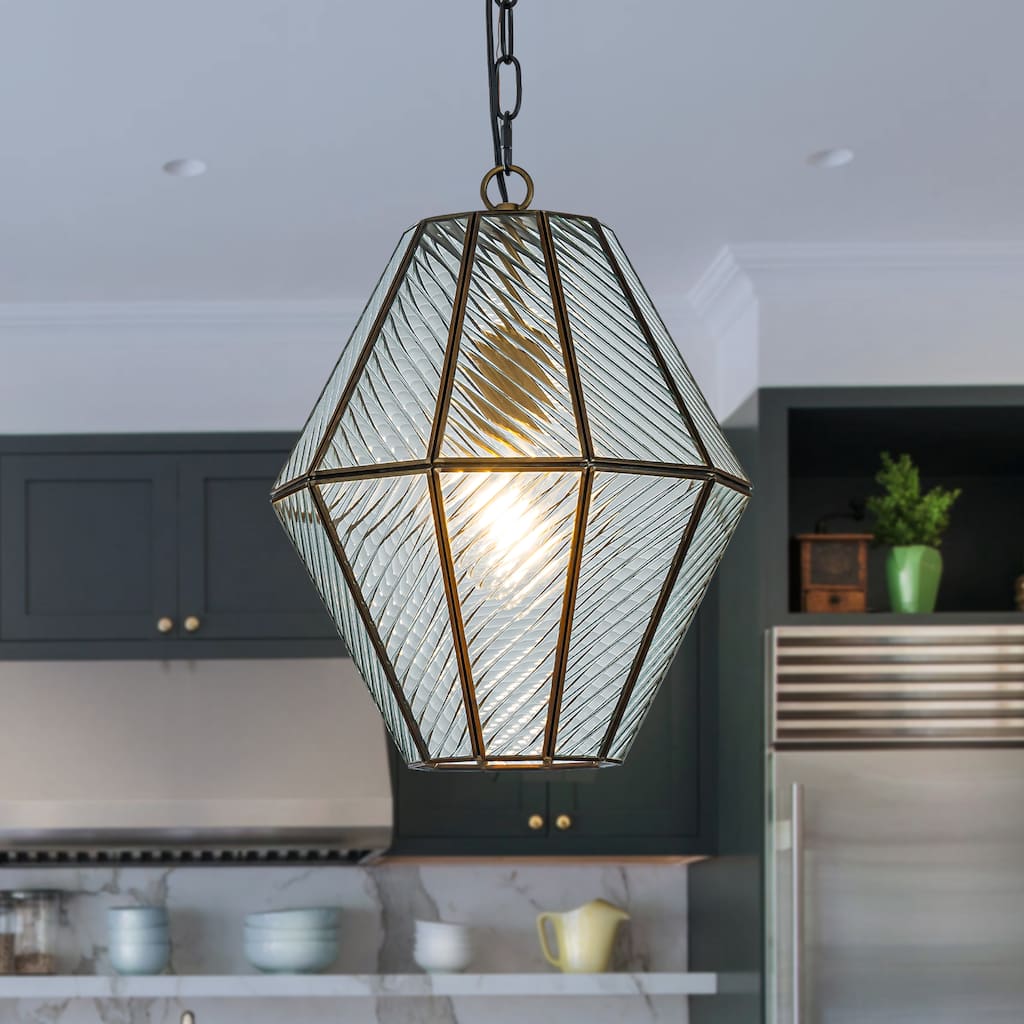 OB - 1-Light Matte Black Modern Ribbed Glass Chandelier Industrial Lantern Pendant Light for Kitchen Island - W12''
