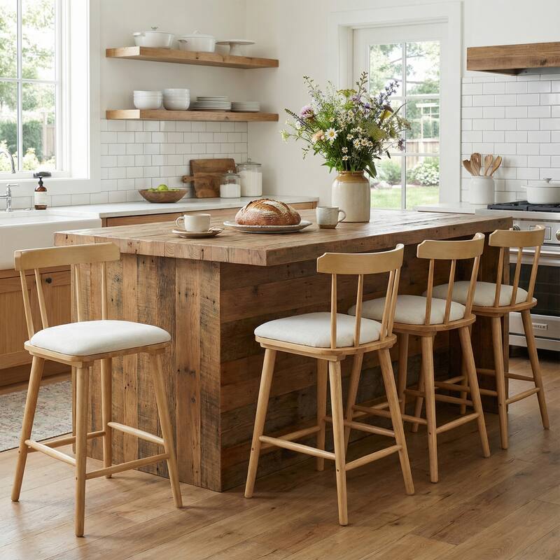 Christopher Knight Home - Olivia Modern Upholstered Solid Rubberwood Counter Stool with Windsor Open-Back Design - Set of 4 - Beige,Natural