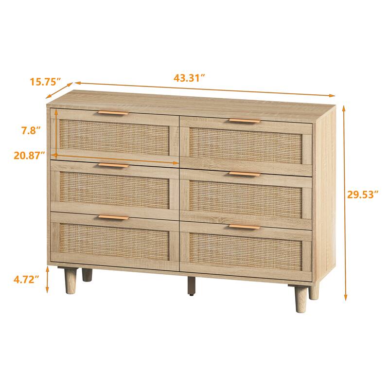 Rattan 6-Drawer Double Dresser, Storage Cabinet for Bedroom, Living Room