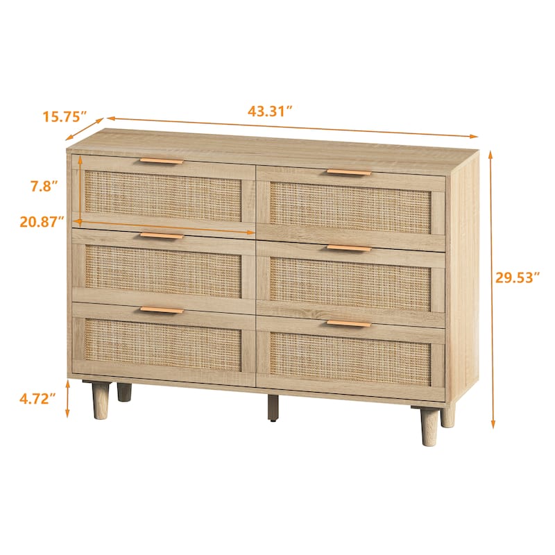 Wood Rattan Dresser with 6 Drawers, Modern Large Storage Cabinet