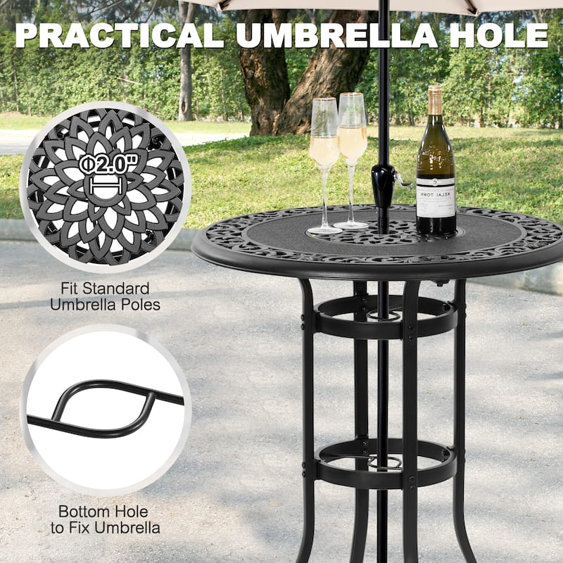 3PCS Cast Aluminum Outdoor Swivel Bar Set with Umbrella Hole, Olefin Cushions, Black and Red
