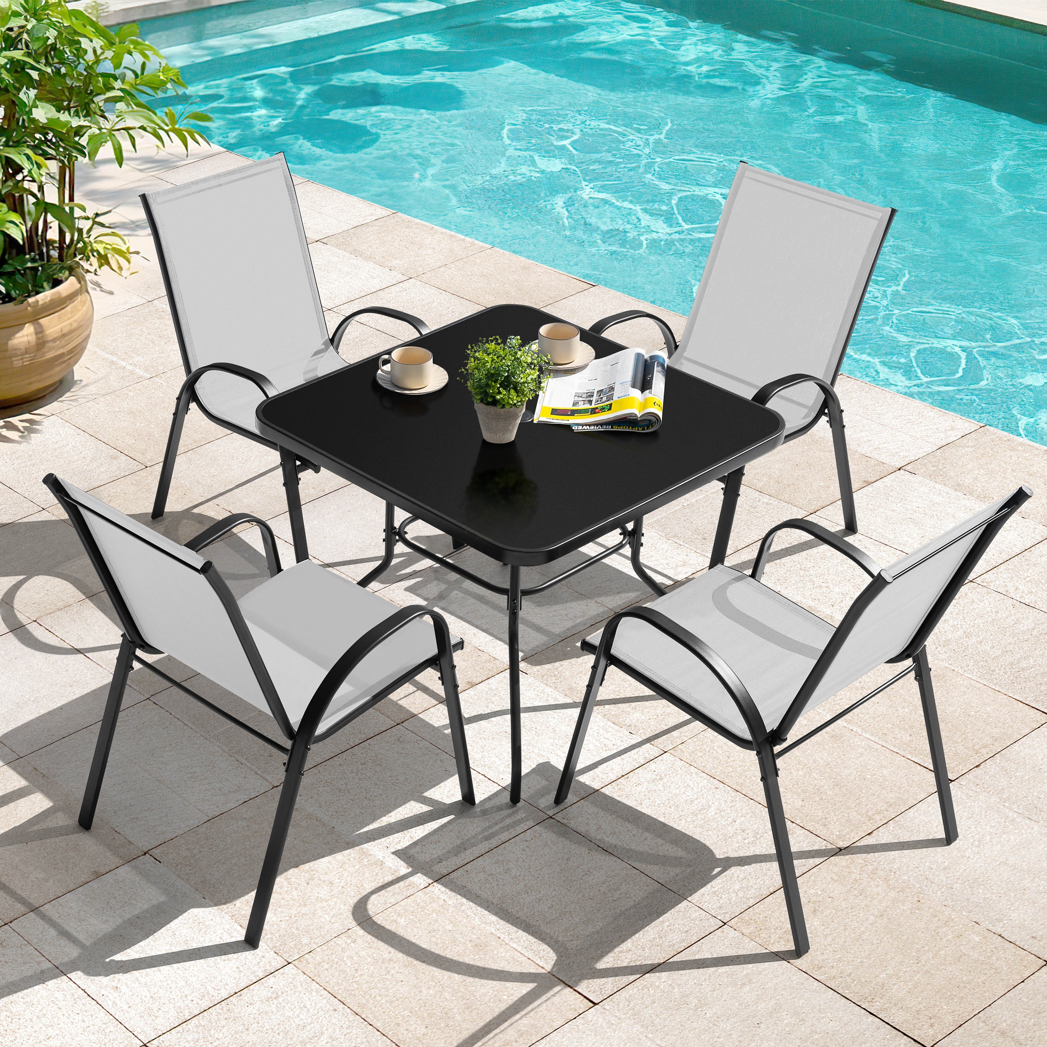 4 piece metal and glass umbrella patio set Flash Furniture Tory Commercial Grade Table with Tempered Top with Hole Steel Tube Frame, Clear Top/Silver Frame Folding chairs feature breathable mesh seats and steel frames for easy travel and storage Latitude Run 4 Outdoor Dining