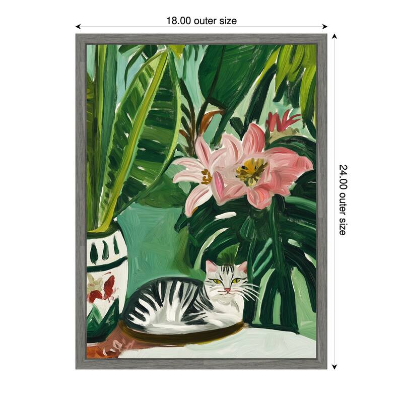 Tropical Muse With Cat by Mowzu Framed Canvas Wall Art - 18 x 24 in
