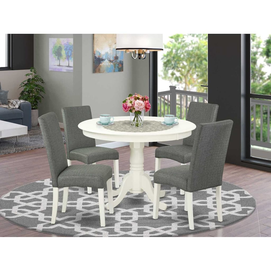 Round Dinette Set 5Pc - 42 Inch Table & 4 Chairs - City Sleek Design - Linen White Legs - Gray Fabric
