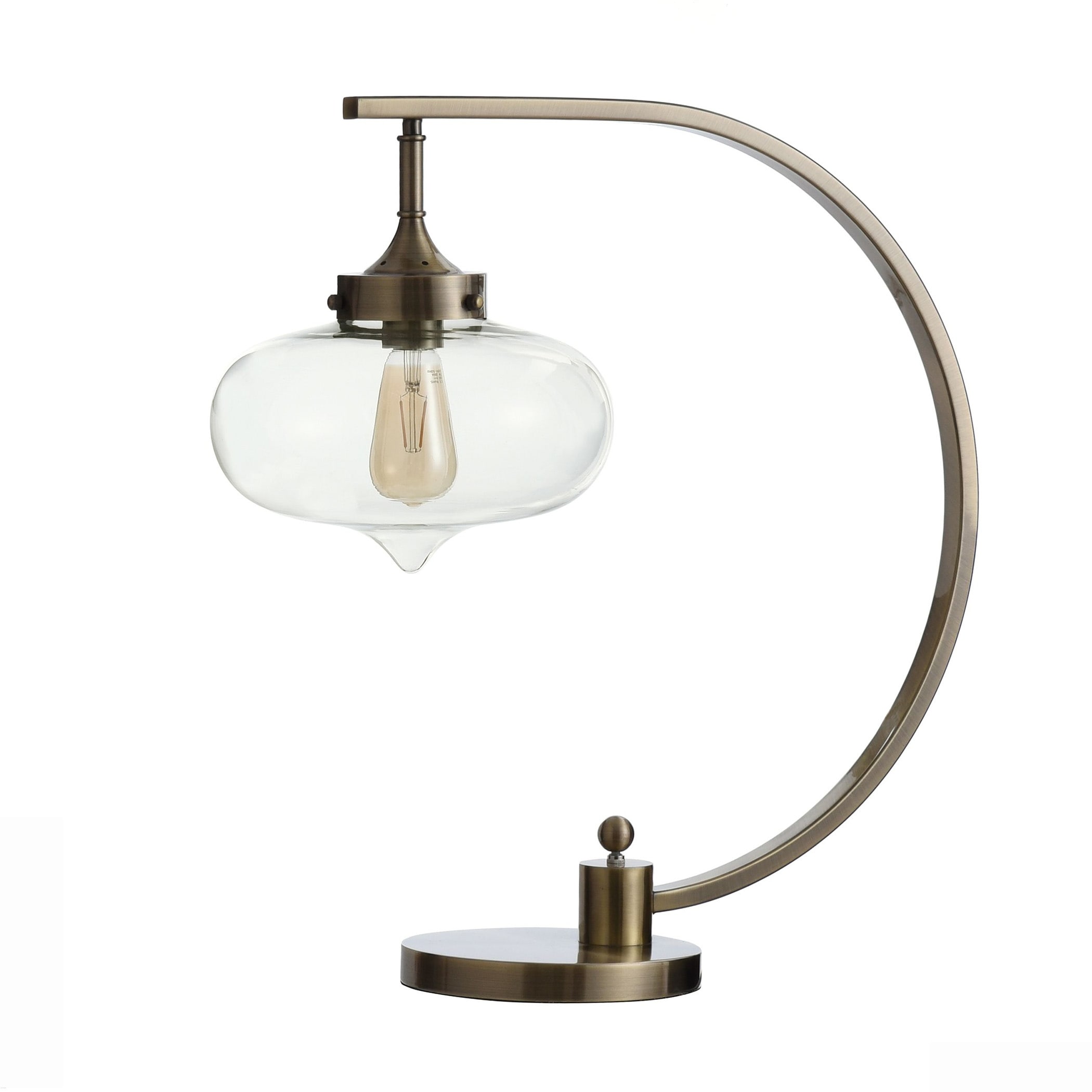 Antique Brass Table Lamp - Over Hang Lantern Design - Curved Arm - Clear Glass Shade