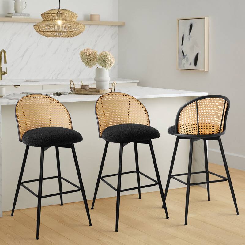 Upholstered Swivel Counter/ Bar Stools with Rattan Back - Set of 3 - Fabric-Black - Bar Height