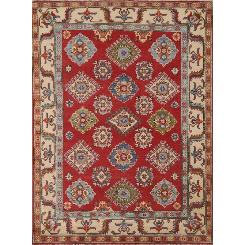 Red Geometric Kazak Area Rug Handmade Wool Carpet - 5'2" x 6'8"