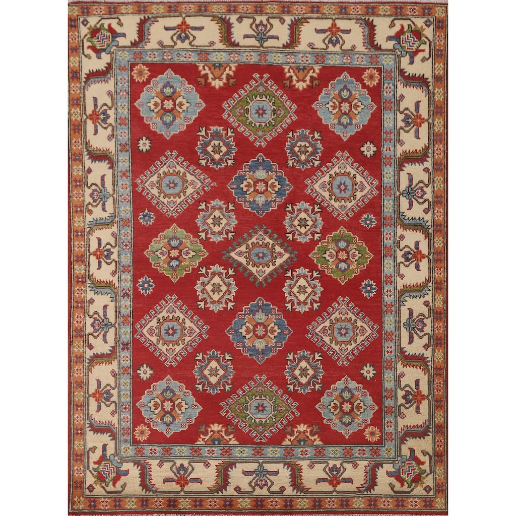 Red Geometric Kazak Area Rug Handmade Wool Carpet - 5'2" x 6'8"