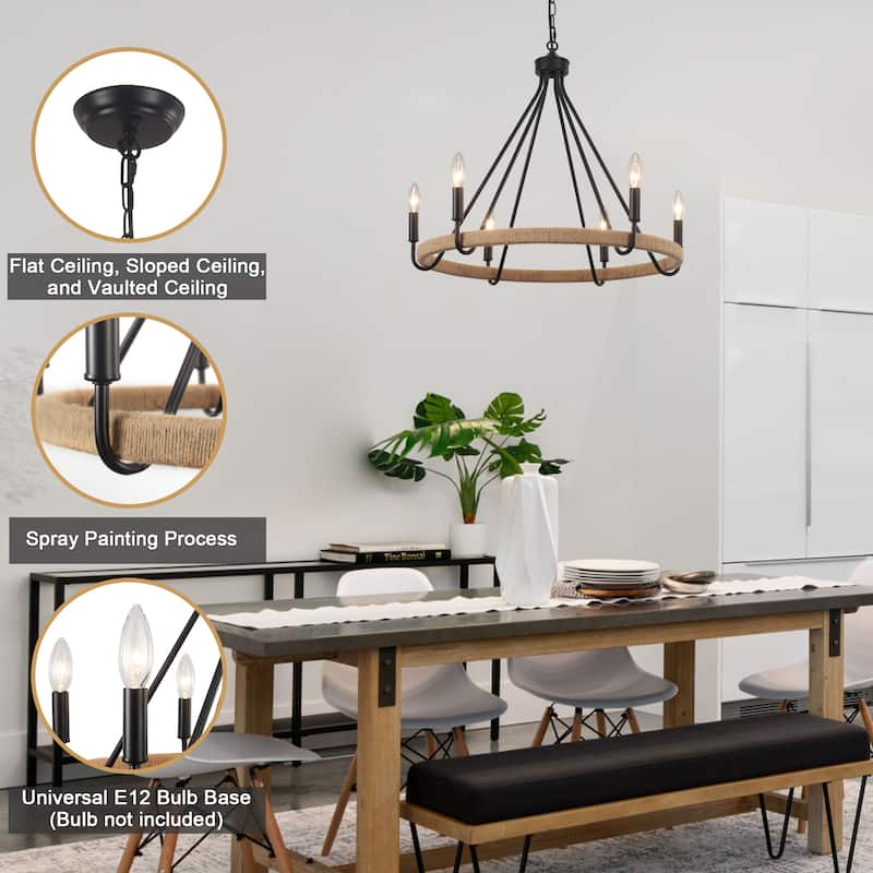 6-Light Candlestick Wagon Wheel Chandelier Hemp Rope Linear Chandelier Lighting Fixture for Kitchen Island
