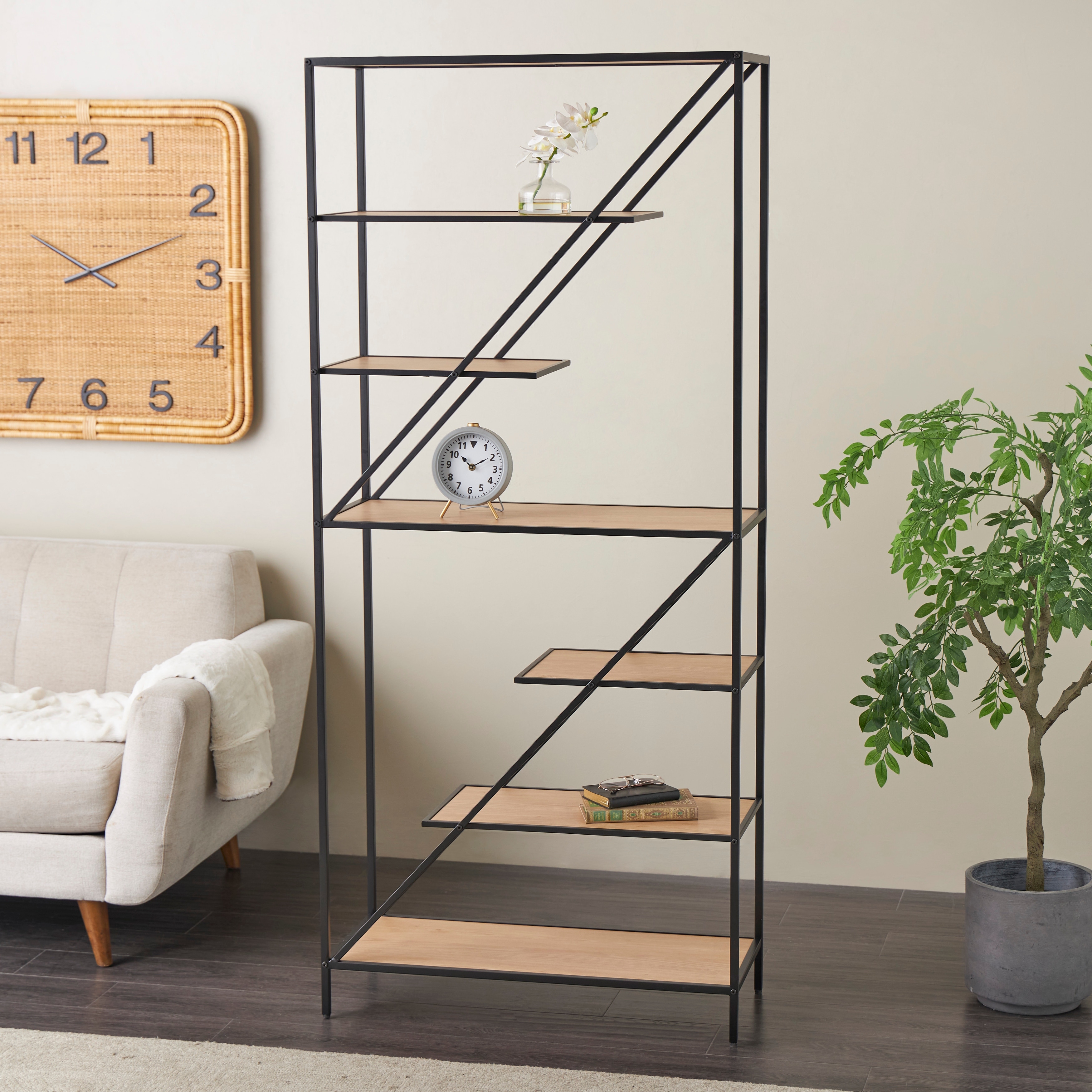 Black metal and wood shelving unit sale