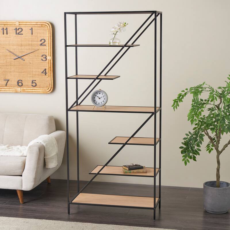 Brown Wooden Diagonal Angled 6 Shelf Shelving Unit with Black Metal Frame - Brown