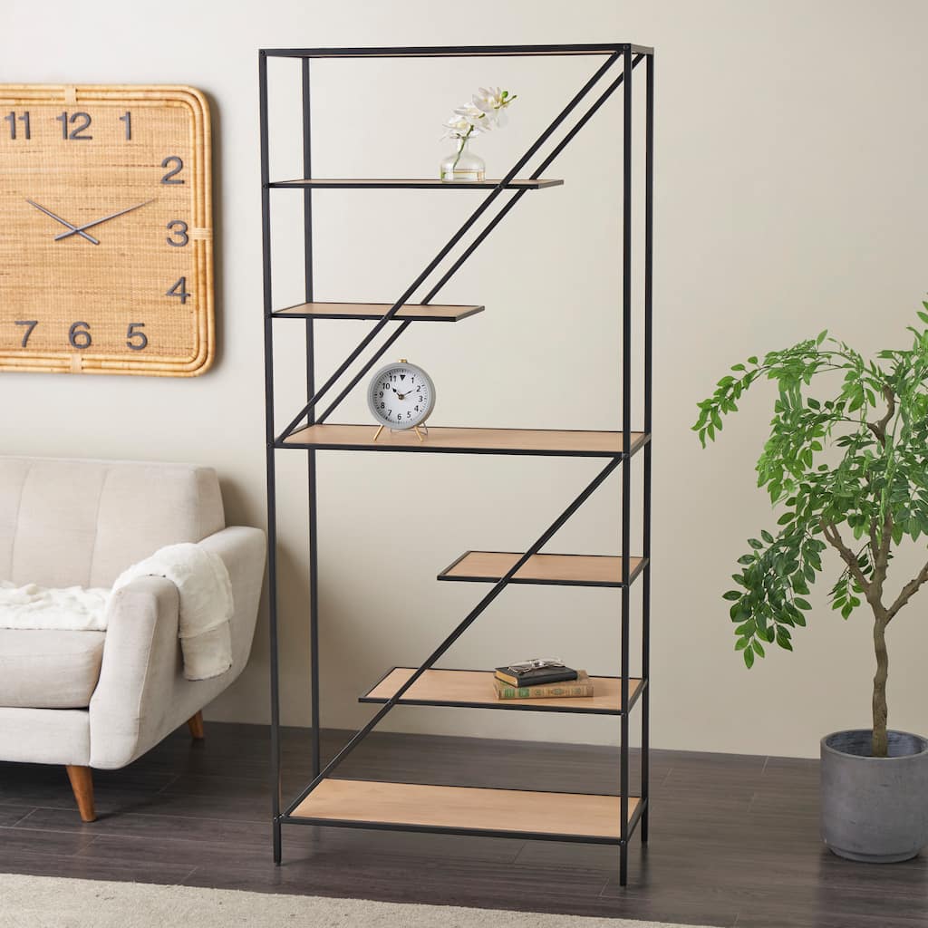 Brown Wooden Diagonal Angled 6 Shelf Shelving Unit with Black Metal Frame