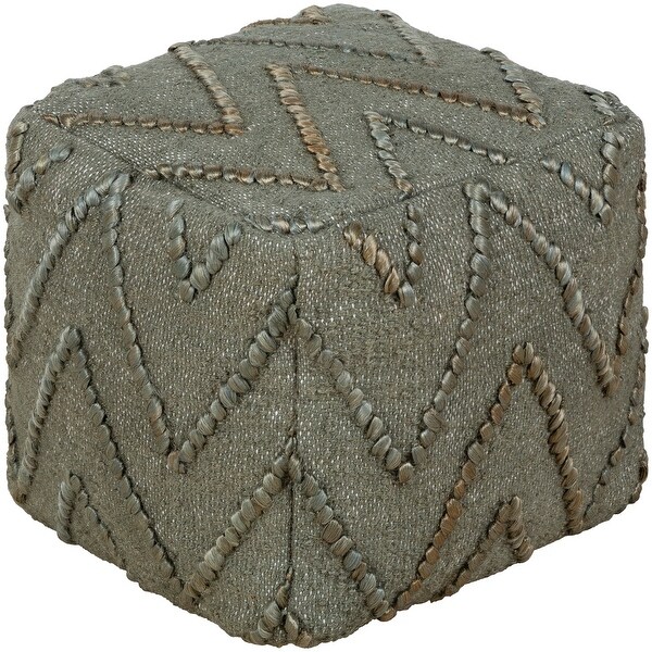 16" Green and Beige Chevron Jute Square Pouf Ottoman - N/A