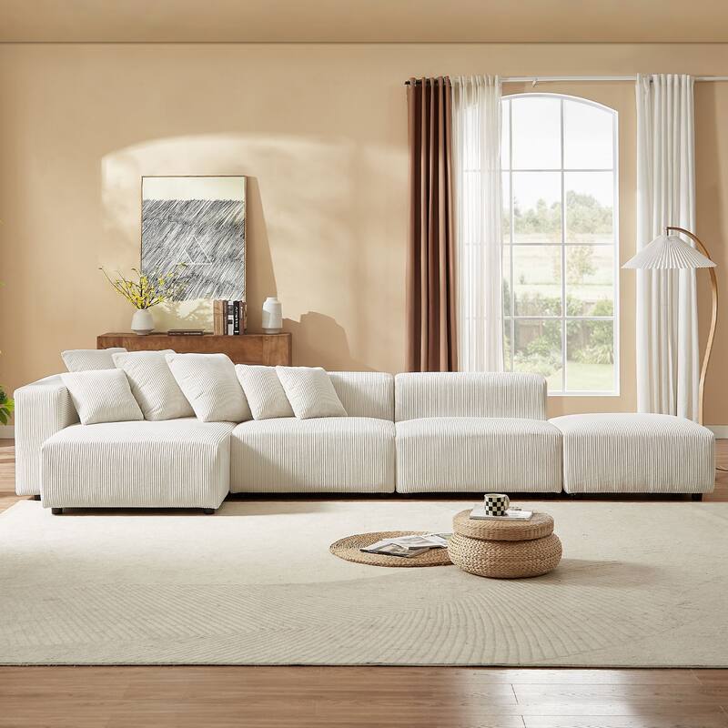 Soft Corduroy 4-Piece Modular L-Shaped Sofa Set, Beige