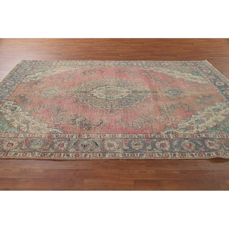 Distressed Tabriz Vintage Persian Area Rug Handmade Wool Carpet - 6'8" x 9'10"