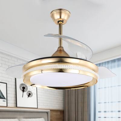 42" Modern Gold Retractable Crystal Ceiling Fan with Remote Control and LED Light