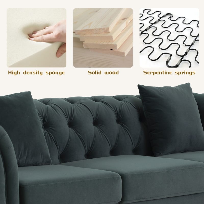 Mid-century Velvet Fabric Tufted Chesterfield 3-Seater Sofa