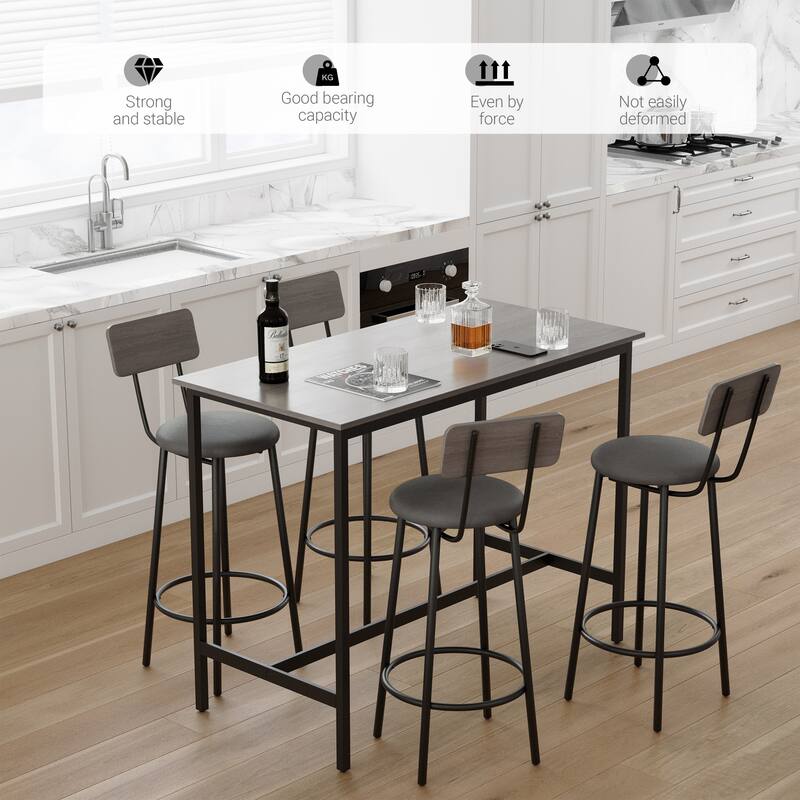 Bar Table and Chairs Set for 4, 5-Piece Rectangle Pub Bistro Table and Stools Set with Backrest, Counter Height Dining Table Set