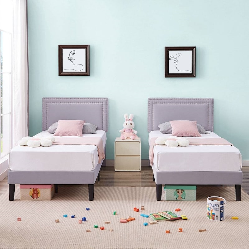 Set of 2 Twin Size Tufted Upholstered Platform Beds Dorm Style Minimalist Metal Frame with Slats No Box Spring Needed