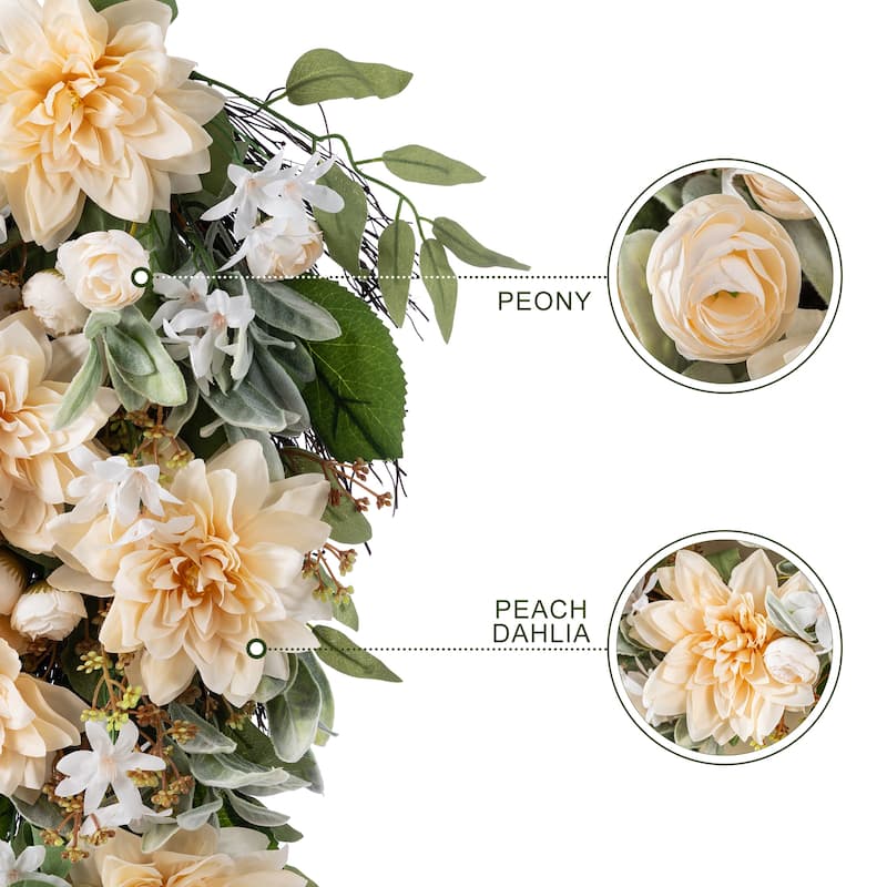 Glitzhome Peach Dahlia Floral Wreath Teardrop Garland