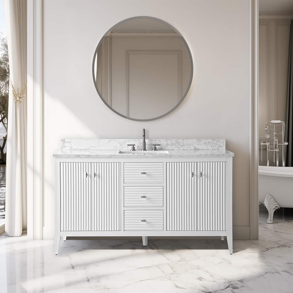 Vanity Art 60" Single Sink Bathroom Vanity Cabinet with Engineered Marble Countertop