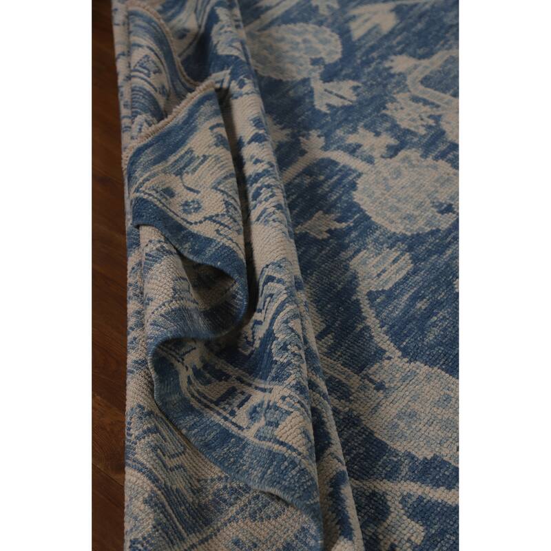 Hand Knotted Oriental 100% Wool Carpet Transitional All-Over Navy Blue & Blues Oushak Area Rug - 14' 9'' X 10' 0''