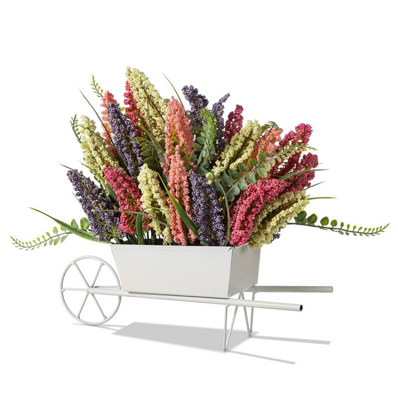 Glitzhome 11"H Pink, Purple & Yellow Mixed Heather Cart Centerpiece