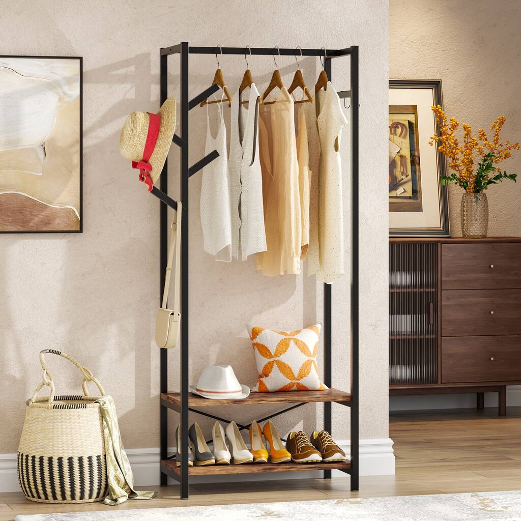Freestanding Coat Rack with 2 Storage Shelves, Corner Coat Rack with Shoe Storage - 2-Tier