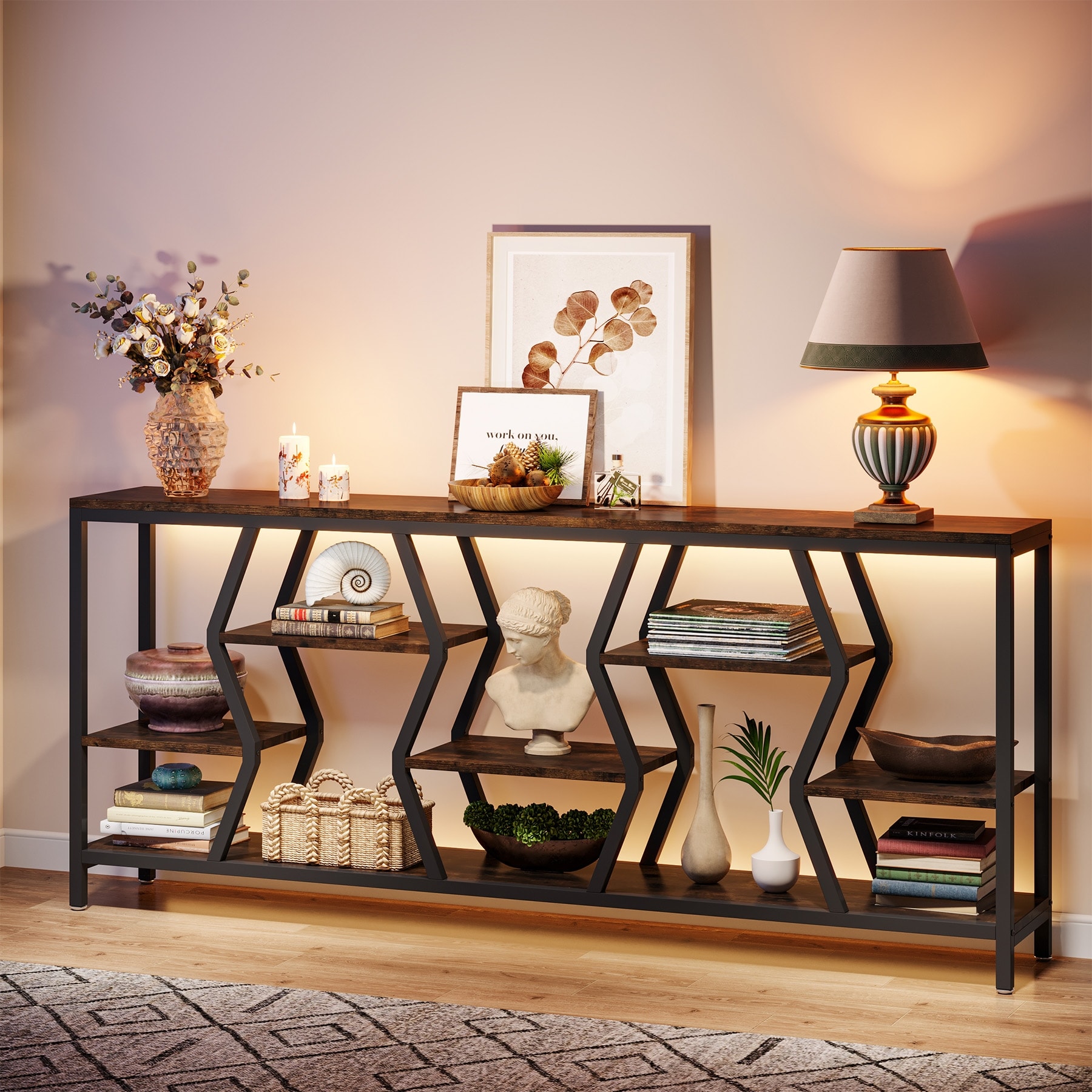 70.9 Inches Extra Long Sofa Console Table, Rustic Behind Couch Table Accent Tables with 4 Tier Wood Storage Shelves