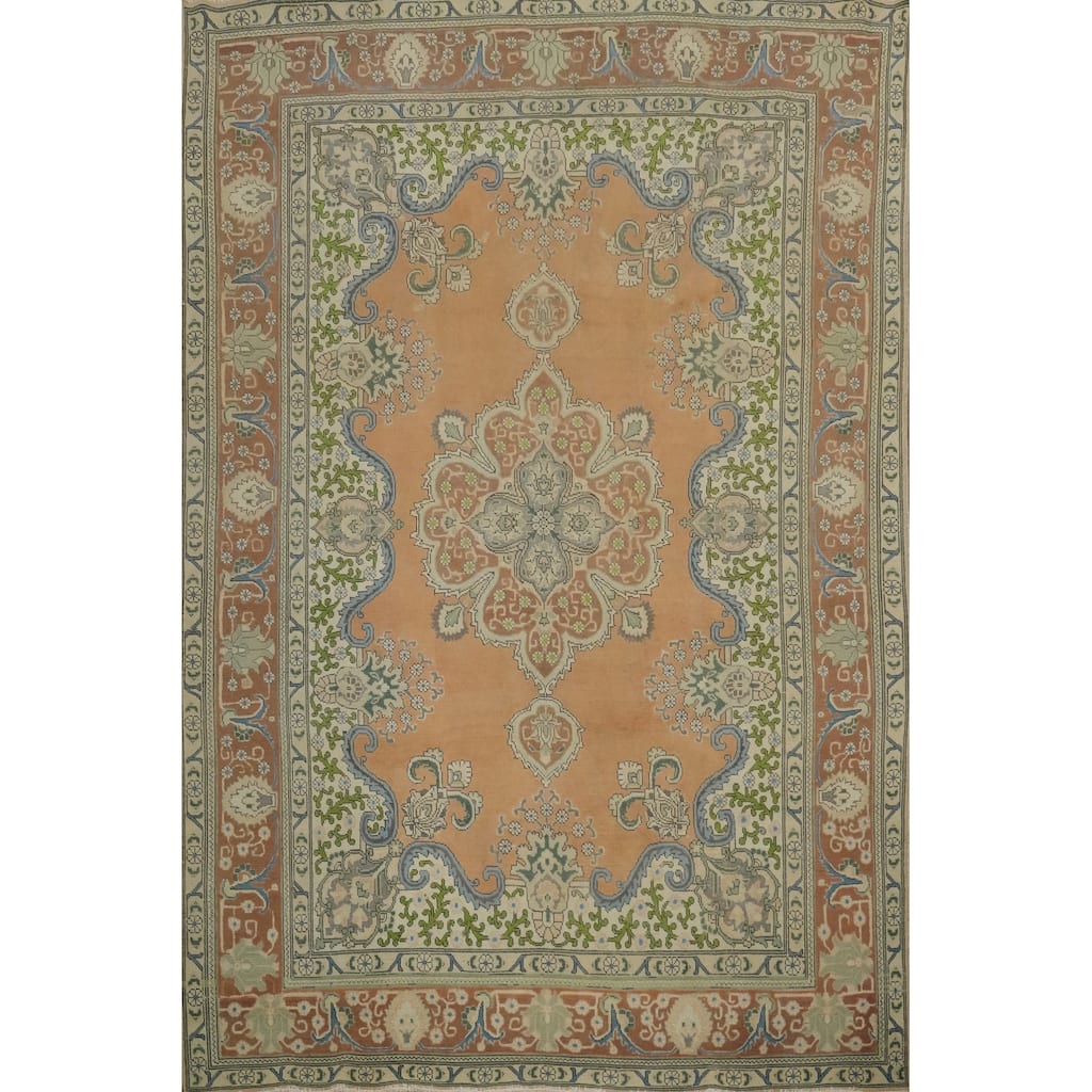 Hand Knotted Oriental 100% Wool Carpet Traditional Floral Oranges & Rust Tabriz Area Rug - 11' 5'' X 7' 11''