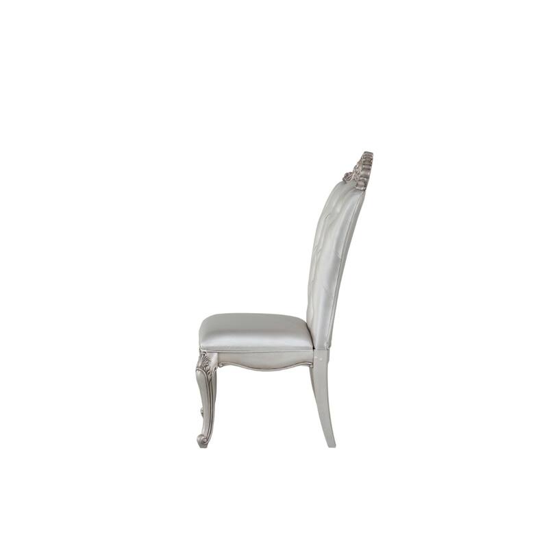Set of 2 Upholstered Dining Side Chairs with Cream Fabric Queen Anne Back and Antiqued White Wood Frame - 42”H x 25”W x 22”D