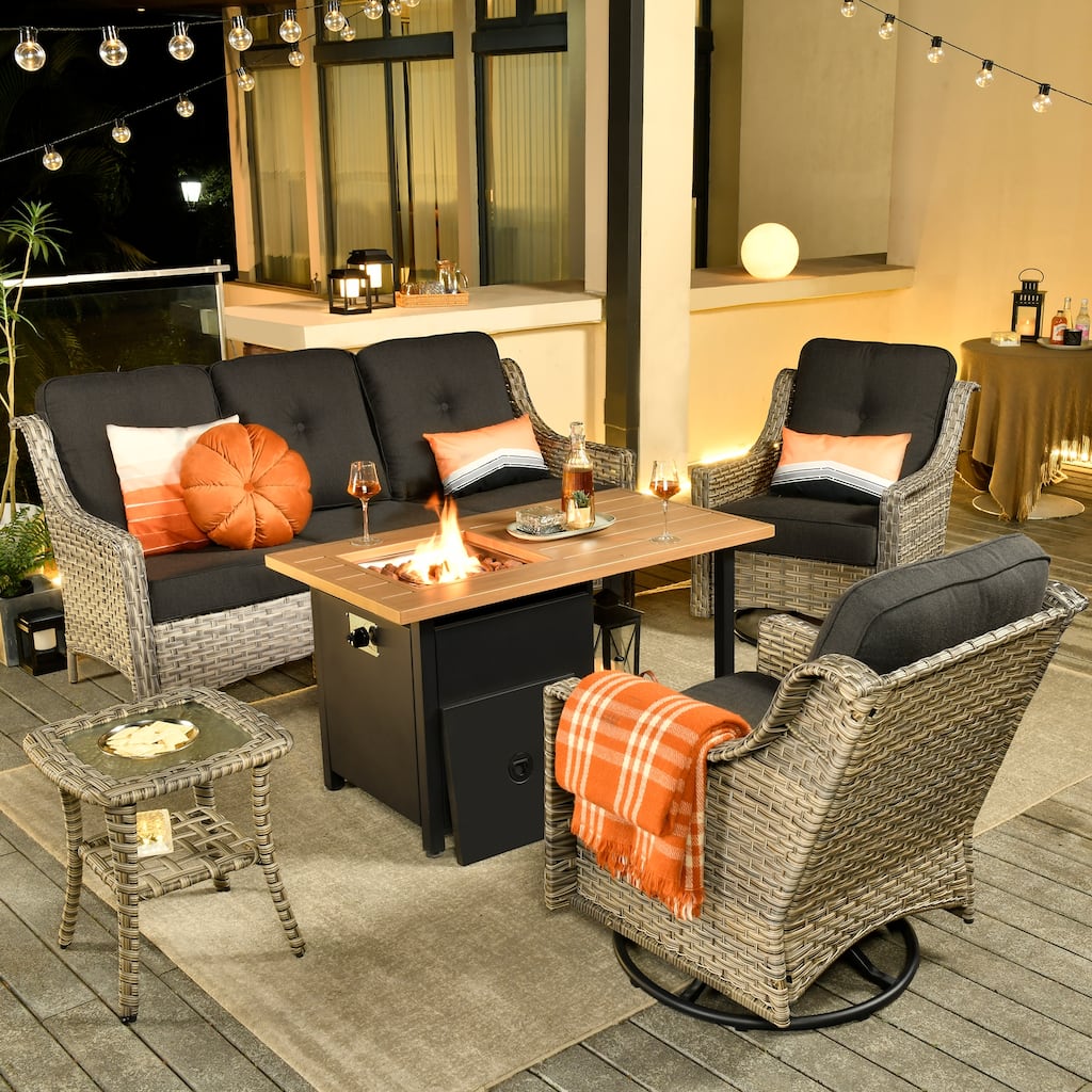 OVIOS 5 Pieces Outdoor Wicker Curved Swivel Chair Set With Fire Table