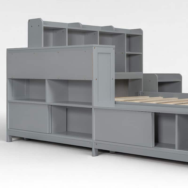 Wooden Full Platform Bed with Headboard Shelf, Side Desk, USB Charging Station, Drawers and Nightstand
