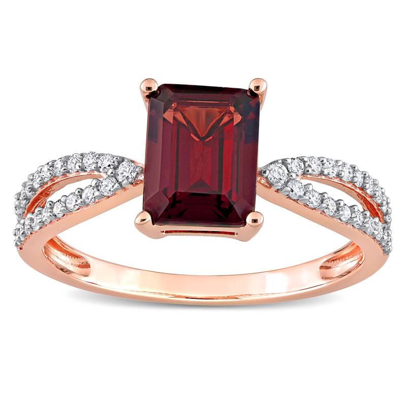 Miadora Octagon-cut Garnet and 1/5ct TDW Diamond Split Shank Cocktail Ring in 14k Rose Gold