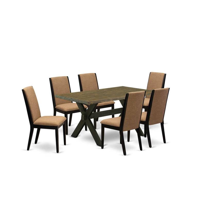 HomeStock 7-Piece Distressed Jacobean Finish Solid Wood Top Dining Table with 6-Chairs