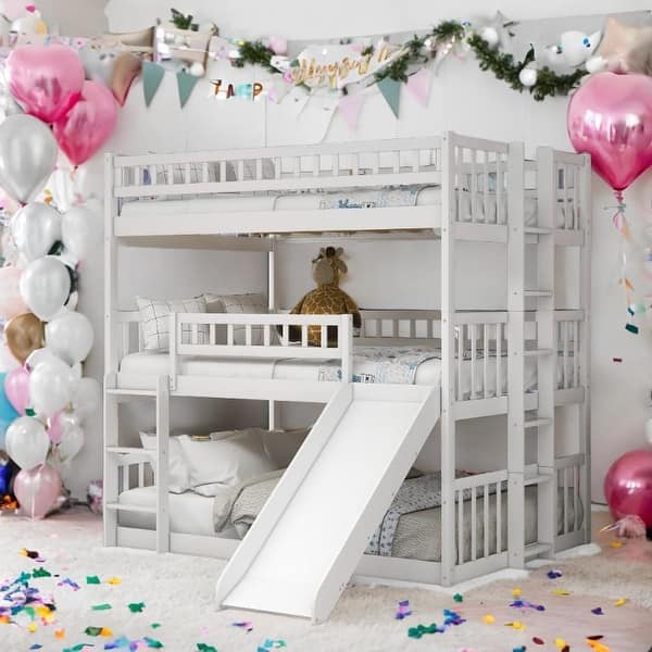 slide 2 of 16, Full-Over-Full-Over-Full Triple Bunk Bed with Convertible Ladder and Slide - Solid Pine White