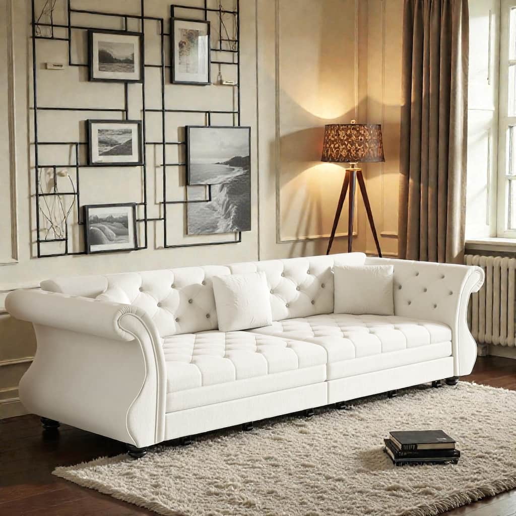 97.6 Inch Chesterfield Pull Out Sofa Bed, Velvet Roll Arm Couch with Flower Tufting, Convertible Sleeper