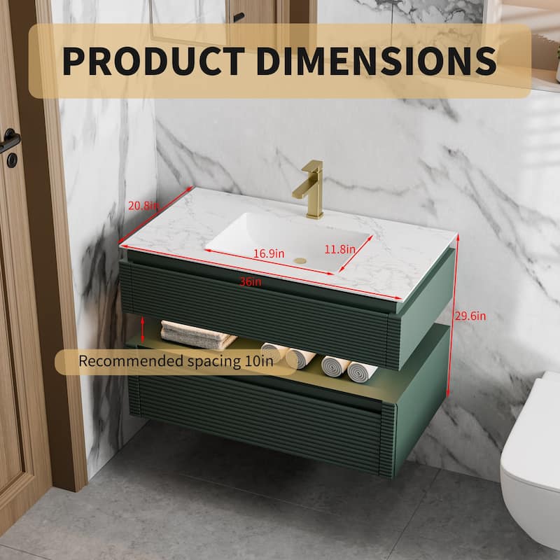 Modland 36" Modern Wall-Mounted Bathroom Vanity with Engineered Stone Countertop & Ceramic Undermount Sink