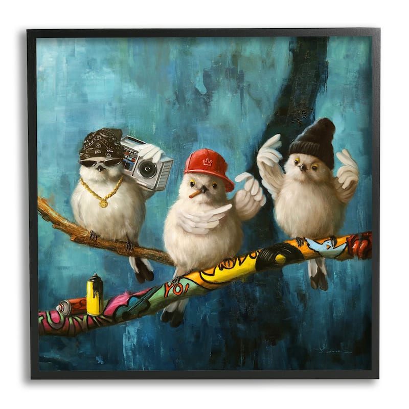 Stupell Hip Hop Bird Trio Urban Graffiti Tree Boombox Framed Wall Art, Design by Lucia Heffernan - Blue - 17 x 17 - Black