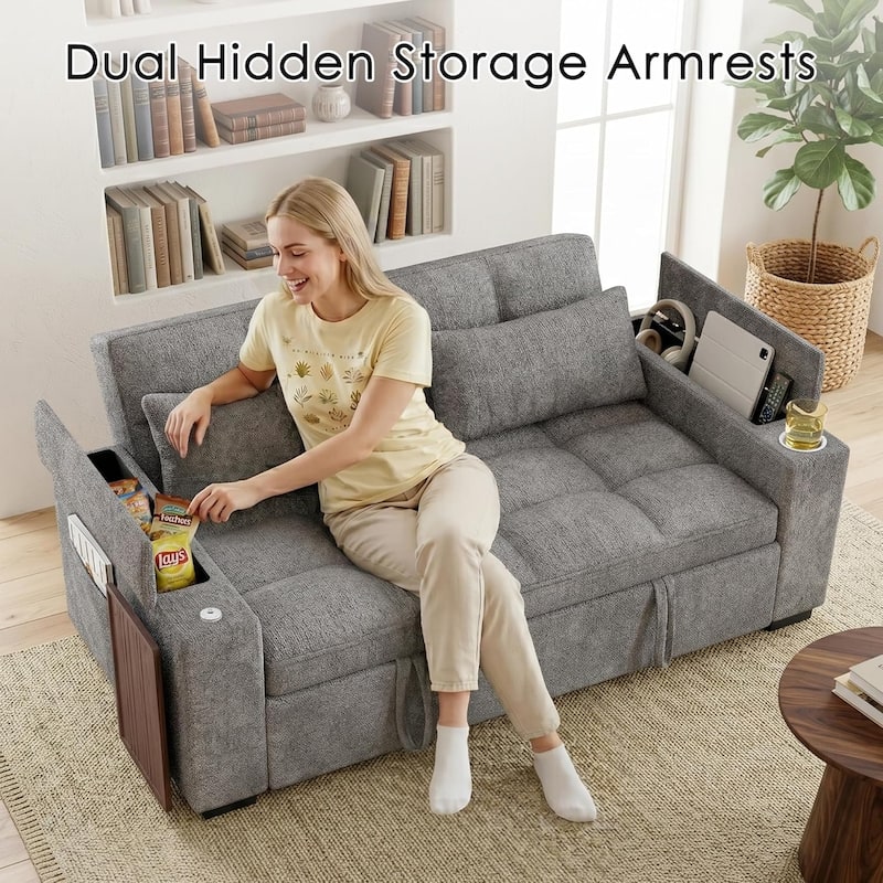 68" Chenille Fabric Sleeper Sofa Bed,Pull Out Couch with 360 Degree Swivel Side Table,USB Port,Cup Holder,Armrest Storage