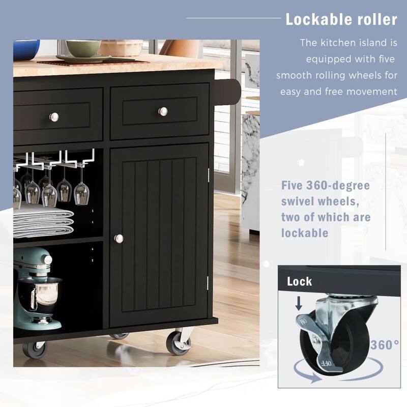 Kitchen Island with Power Outlet Kitchen Storage Island with Drop Leaf and Rubber Wood Open Storage and Wine Rack 5 Wheels