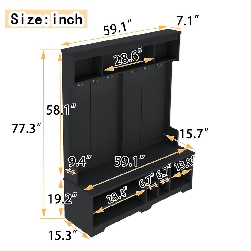 Modern Entryway Hall Tree with Metal Hooks, Shoe Cubbies and Storage Cabinets, Multi-Functional Hallway Coat Rack with Bench