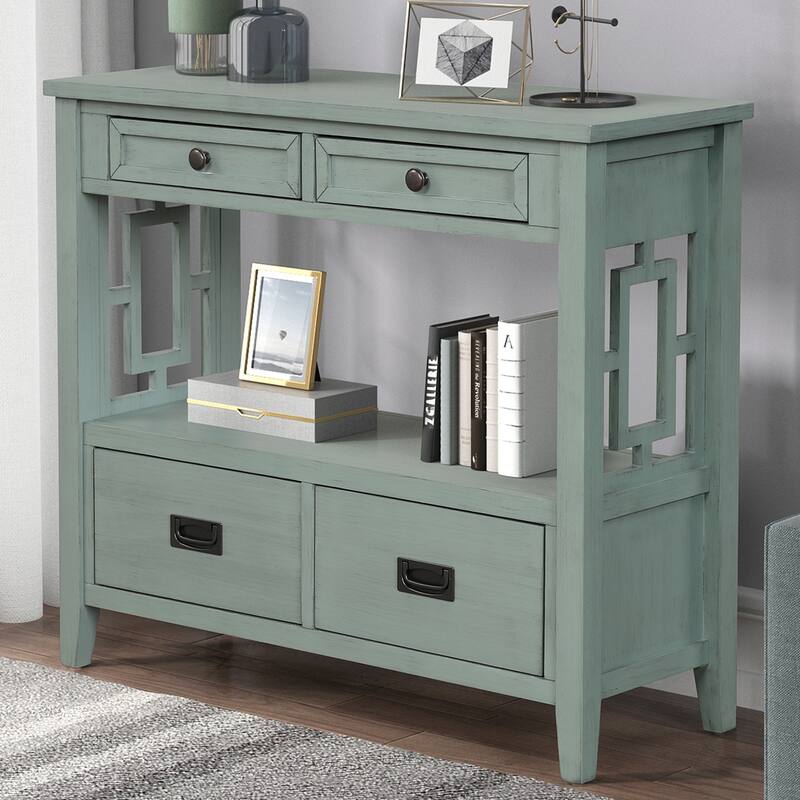 36" Country Console Table with Hollow Decorative, Solid Wood Living Room Entryway Sofa Table with 4 Drawers and Open Shelf