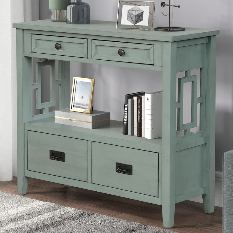 36''Farmhouse Pine Wood Console Table Entry Sofa Table with 4 Drawers & 1 Storage Shelf for Living Room Hallway Kitchen - Retro Blue