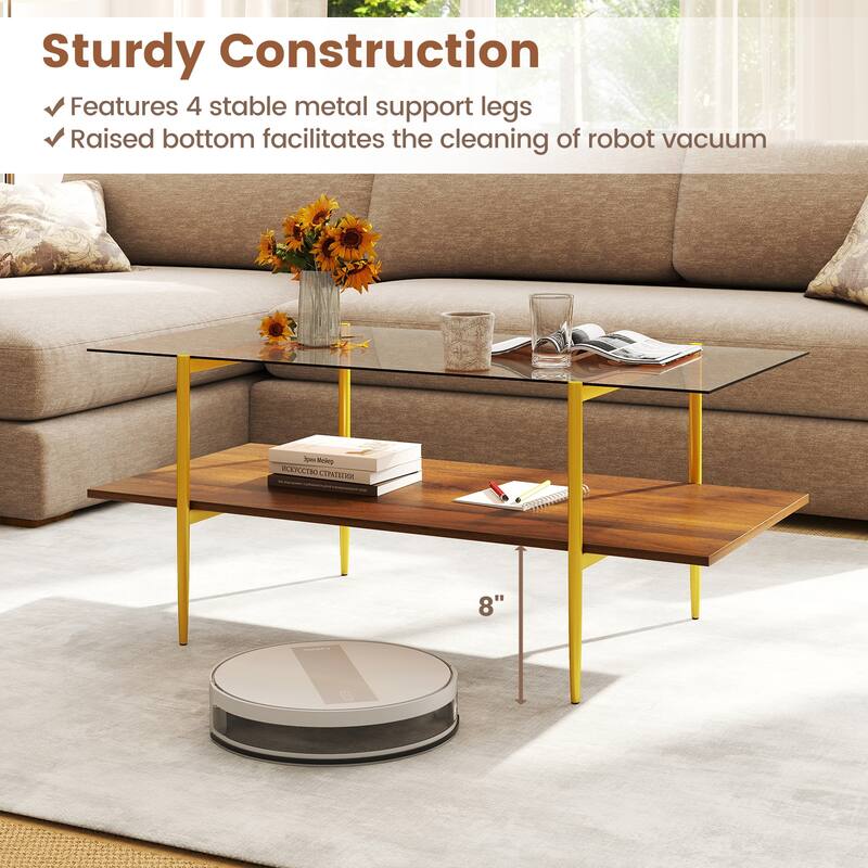 Gymax 2-Tier Glass Coffee Table w/ Tampered Glass Tabletop & Open