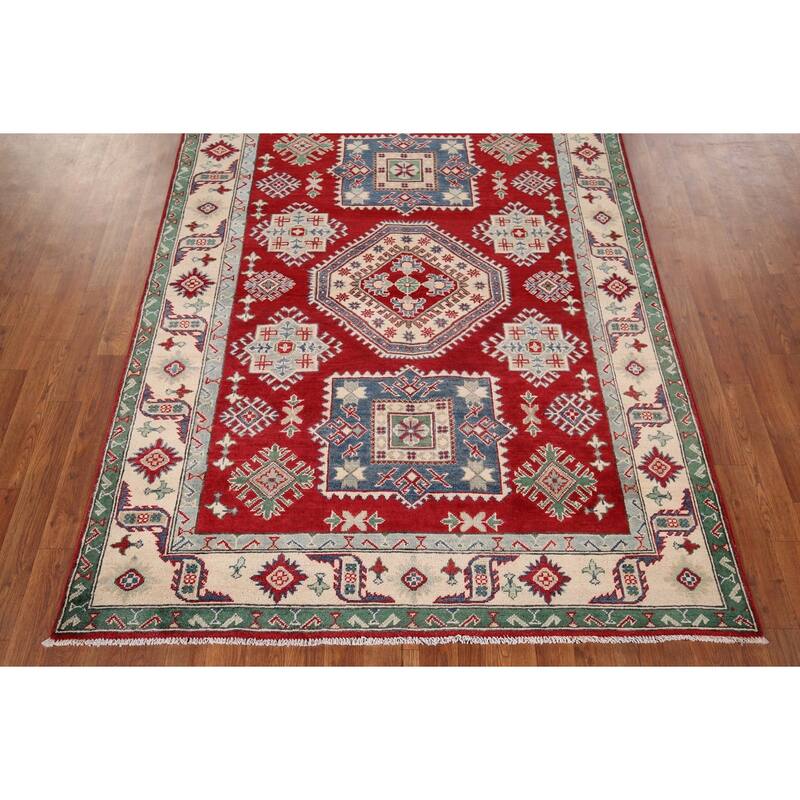 Geometric Red Kazak Oriental Area Rug Hand-Knotted Wool Carpet - 5'1" x 6'8"