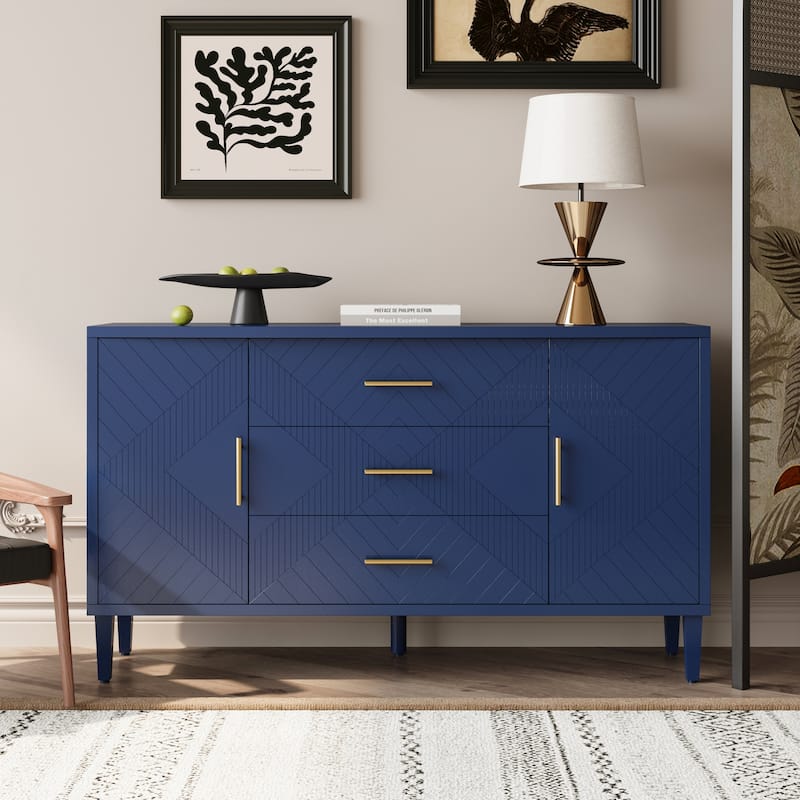 2-Doors Carved Effect Sideboard with 3 Drawers and Adjustable Shelf - Blue