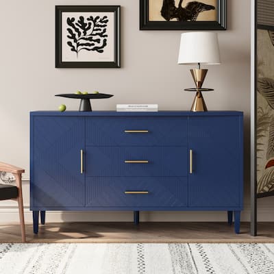 2-Doors Carved Effect Sideboard with 3 Drawers and Adjustable Shelf