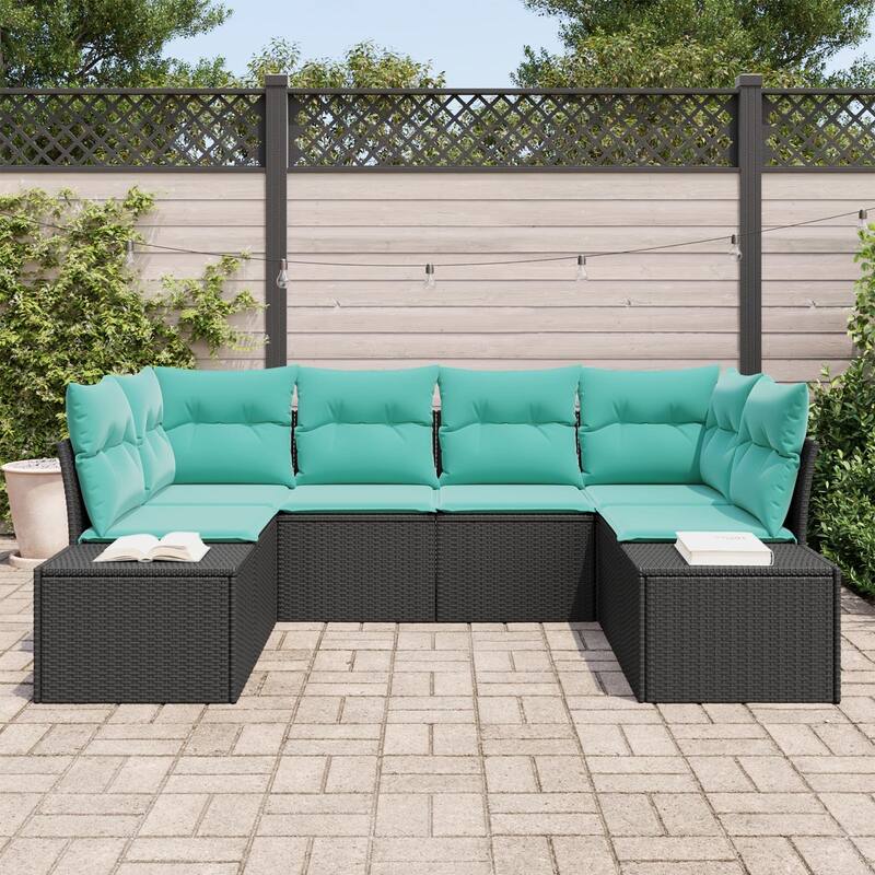 vidaXL 6 Piece Garden Sofa Set with Cushions Black Poly Rattan - 61 x 114 x 27 in